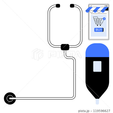 Stethoscope, medical device, and smartphone showing a shopping cart and buy button. Ideal for healthcare technology, telemedicine, online medical shopping, digital health, and e-health. Simple modern Stethoscope, medical device, and smartphone showing a shopping cart and buy button. Ideal for healthcare technology, telemedicine, online medical shopping, digital health, and e-health. Simple modern 119596627