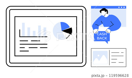 A tablet displaying financial graphs and charts includes bar graph and pie chart. A person holding a sign saying cash back represents the concept of financial rewards. Ideal for financial services A tablet displaying financial graphs and charts includes bar graph and pie chart. A person holding a sign saying cash back represents the concept of financial rewards. Ideal for financial services 119596628