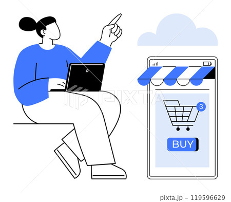 A person using a laptop points towards a large smartphone screen displaying a shopping cart icon with a BUY button and notification. Ideal for online shopping e-commerce digital transactions mobile A person using a laptop points towards a large smartphone screen displaying a shopping cart icon with a BUY button and notification. Ideal for online shopping e-commerce digital transactions mobile 119596629