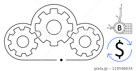 Gear wheels inside a cloud represent cloud computing. A dollar sign with circular arrows depicts financial exchange. Bitcoin symbols show blockchain and cryptocurrency. Ideal for technology, finance Gear wheels inside a cloud represent cloud computing. A dollar sign with circular arrows depicts financial exchange. Bitcoin symbols show blockchain and cryptocurrency. Ideal for technology, finance 119596634