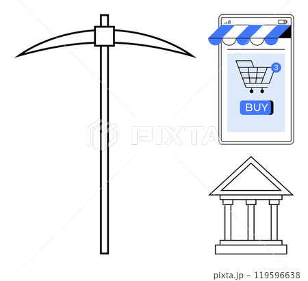 Stylized images of a pickaxe, smartphone with an online shopping cart, and a classical building with pillars. Ideal for technology, construction, e-commerce, online shopping, and architecture themes 119596638