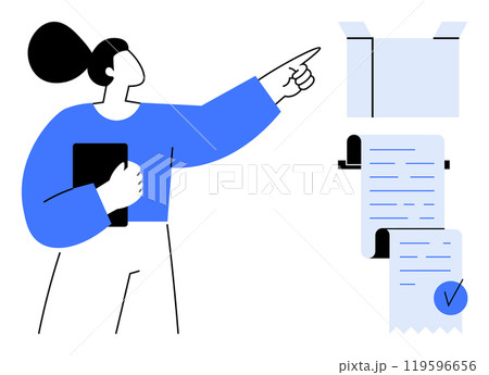 Woman holds a clipboard and points at a document with a checkmark. Ideal for business presentations, administrative tasks, goal setting, productivity apps, and workflow illustrations. Modern minimal 119596656