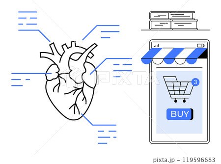 Heart anatomy diagram connected to details, a mobile phone screen with an online store shopping cart icon and stacks of books. Ideal for education, healthcare, e-commerce, medical studies, digital 119596683