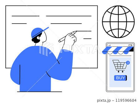 A person writes on a board while a globe symbol and a smartphone with a shopping cart icon and BUY button are visible. Ideal for education, technology, e-commerce, global business, online learning 119596684