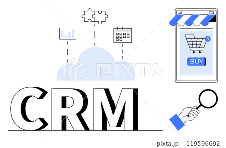 Visible are icons including a cloud, graph, calendar, puzzle piece, smartphone, and magnifying glass. Ideal for customer relationship management, e-commerce, analytics, integration, business Visible are icons including a cloud, graph, calendar, puzzle piece, smartphone, and magnifying glass. Ideal for customer relationship management, e-commerce, analytics, integration, business 119596692