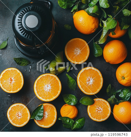 Freshly squeezed orange juice preparation with whole oranges and green leaves at kitchen counter 119596743