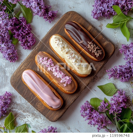 Delicious pastries decorated with colorful icing and sprinkles surrounded by lilac flowers 119596748