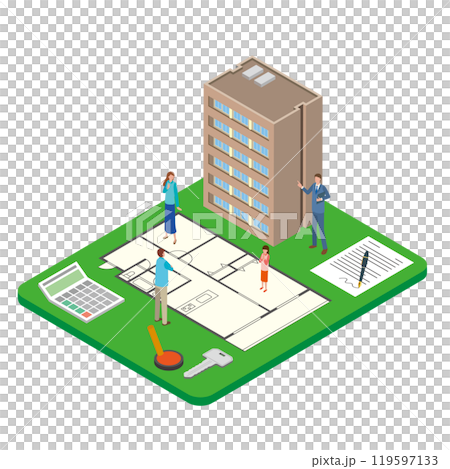 マンションの間取りと購入検討する家族のイラスト 119597133