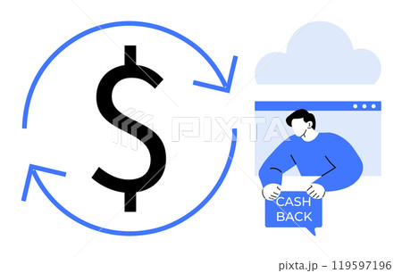 Large dollar sign with an arrow circling it. Person holding cash back envelope under a cloud symbolizes financial return. Ideal for banking, refunds, savings, cashback programs, and online Large dollar sign with an arrow circling it. Person holding cash back envelope under a cloud symbolizes financial return. Ideal for banking, refunds, savings, cashback programs, and online 119597196