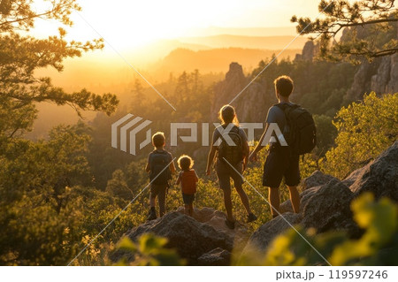 Family hiking at sunrise. 119597246