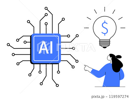 AI chip connected by circuit lines with a businesswoman pointing to a light bulb containing a dollar sign. Ideal for technology, AI innovation, business solutions, tech finance, digital AI chip connected by circuit lines with a businesswoman pointing to a light bulb containing a dollar sign. Ideal for technology, AI innovation, business solutions, tech finance, digital 119597274