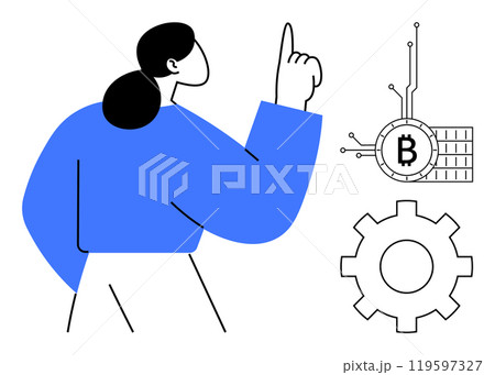 Woman with raised finger pointing at Bitcoin symbol and gear icon. Ideal for themes of cryptocurrency, blockchain, technology, financial investment, and innovation. Hand-drawn style. Colors blue Woman with raised finger pointing at Bitcoin symbol and gear icon. Ideal for themes of cryptocurrency, blockchain, technology, financial investment, and innovation. Hand-drawn style. Colors blue 119597327