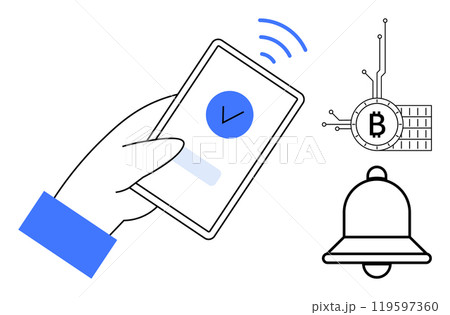 Hand holding smartphone with check mark, Bitcoin symbol with circuit, and notification bell. Ideal for fintech, cryptocurrency, mobile apps, digital wallets, and blockchain technology. Clean vector Hand holding smartphone with check mark, Bitcoin symbol with circuit, and notification bell. Ideal for fintech, cryptocurrency, mobile apps, digital wallets, and blockchain technology. Clean vector 119597360