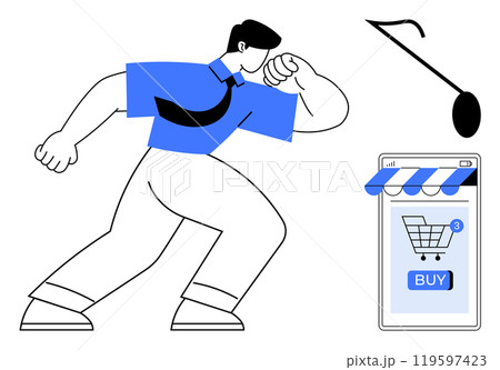 A man is leaning forward toward a mobile device with a shopping cart icon. A musical note floats above. Ideal for online shopping, e-commerce, digital transactions, music integration, modern 119597423