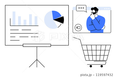 Chart showing data on a whiteboard with a pie chart and bar graph, a man thinking in a videoconference pop-up, and an empty shopping cart. Ideal for e-commerce, online meetings, business strategy 119597432