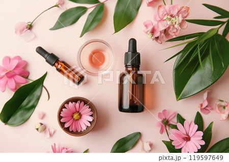 Flower and plant herb with in glass bottle test tube for scientific experiment, aromatherapy and skincare. 119597649