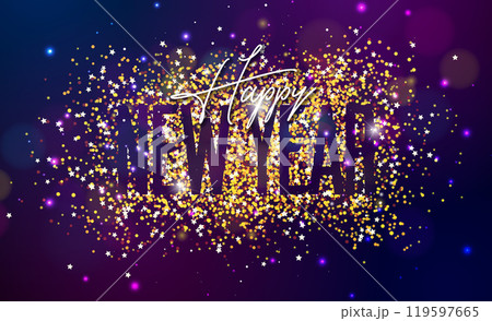 2025 Happy New Year Illustration with Gold Glittered Typography Lettering and Falling Confetti on Shiny Background. Christmas Holiday Design for Flyer, Greeting Card, Banner, Celebration Poster, Party 119597665