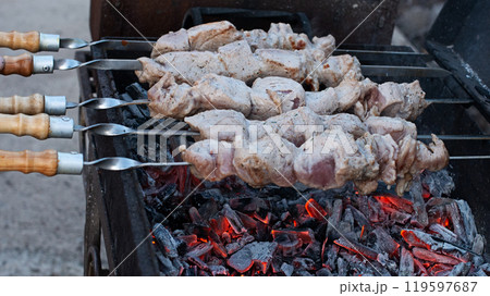 cooking meat on coals. Barbecue with firewood cooking meat on coals. Barbecue with firewood 119597687