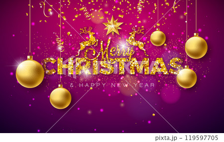 Merry Christmas and Happy New Year Illustration with Gold Glittered Typography Letter and Falling Confetti on Shiny Red Background. Vector Holiday Season Design for Greeting Card, Party Invitation or 119597705