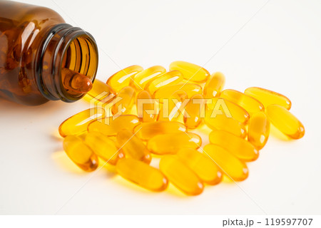 Fish oil Omega 3 capsules vitamin with EPA and DHA isolated on white background. 119597707