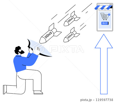 A man uses a shield to protect an online store from incoming missiles labeled DDoS. An arrow points to the stores Buy button, suggesting cybersecurity defense. Ideal for online security, cyber A man uses a shield to protect an online store from incoming missiles labeled DDoS. An arrow points to the stores Buy button, suggesting cybersecurity defense. Ideal for online security, cyber 119597738