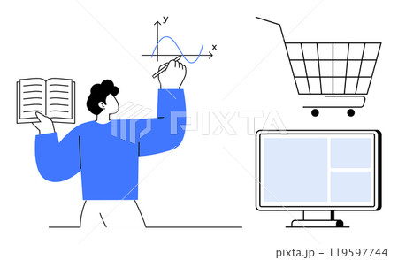 Person holding a book and drawing a graph, right side has a shopping cart and a computer display with a grid layout. Ideal for education, online shopping, data analysis, graphic design, technology 119597744