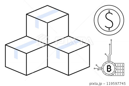 Three stacked boxes with blue tape, a dollar sign inside a circle, and a Bitcoin symbol connected to circuitry. Ideal for e-commerce, blockchain, cryptocurrency, financial transactions 119597745