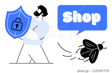Man holding a shield with a padlock, protecting a shop icon from a bug threat. Ideal for e-commerce, cybersecurity, online shopping, data protection, digital security. Outline vector, blue and black 119597770
