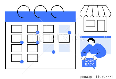 Calendar with various dates marked, storefront, and person holding a cashback sign. Ideal for financial planning, cashback rewards, shopping deals, scheduling, and budgeting 119597771