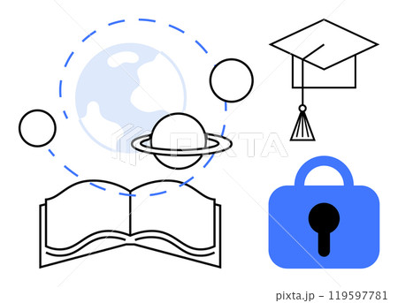 An open book next to a planet and graduation cap, with a padlock nearby. Ideal for education, knowledge, security, learning, and academic success themes. Simple line art style with minimalistic 119597781