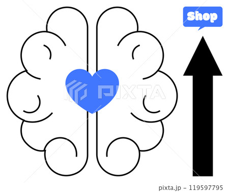 A blue heart inside a brain with an upward pointing arrow represents balance between emotions and logic. Ideal for business growth, love, shopping success, mental health, and inspiration. Simple 119597795