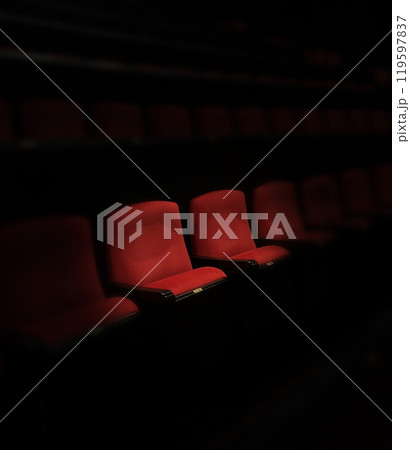 映画館のスポットライトで浮かぶ赤の2座席 119597837