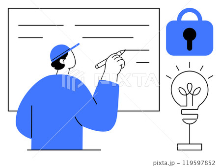 Person writing on a whiteboard while a padlock and lightbulb symbol are visible. Ideal for education, creativity, innovation, security, technology. Simple minimalist style in blue, white, and black 119597852
