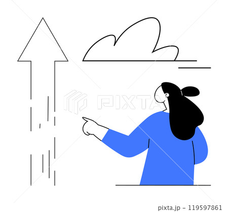 Woman in a blue shirt points at an upward arrow with a cloud above. Ideal for growth business success motivation aspiration and progress concepts. Style minimalist line art 119597861