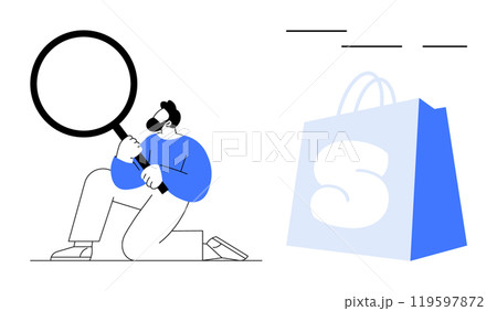 A man kneels holding a large magnifying glass while looking at a blue shopping bag with the letter S. Ideal for analysis, online shopping, consumer behavior, marketing strategies, and research 119597872