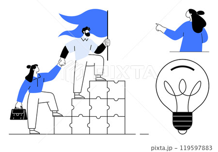 Two characters climb puzzle stairs with one holding a flag symbolizing leadership. An individual points, and a lightbulb represents ideas. Ideal for teamwork, leadership, innovation, business Two characters climb puzzle stairs with one holding a flag symbolizing leadership. An individual points, and a lightbulb represents ideas. Ideal for teamwork, leadership, innovation, business 119597883