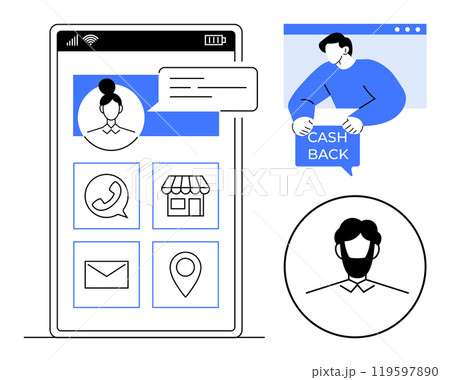 Smartphone screen with icons for phone email shop location and chat interactions. Ideal for customer support communication interfaces mobile applications online shopping and user engagement. Simple 119597890