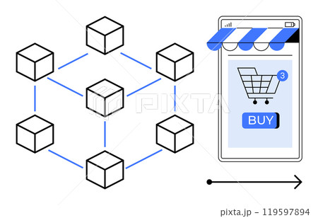 Schematic diagram showing blockchain nodes connected to an online shopping app with a shopping cart and buy button. Ideal for e-commerce, blockchain technology, fintech innovation, online transaction Schematic diagram showing blockchain nodes connected to an online shopping app with a shopping cart and buy button. Ideal for e-commerce, blockchain technology, fintech innovation, online transaction 119597894