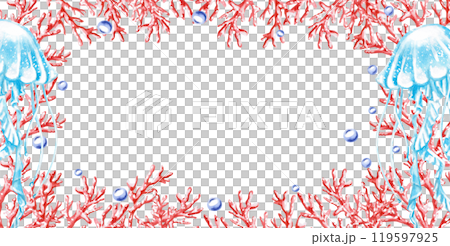 Rectangular frame with corals and jellyfish. Isolated illustration on the theme of the underwater world for textile design, holidays with a marine theme, printing, restaurants 119597925