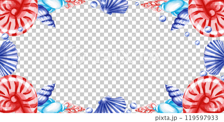 Rectangular frame with seashells. Isolated illustration on the theme of the underwater world for textile design, holidays with a marine theme, printing, restaurants 119597933