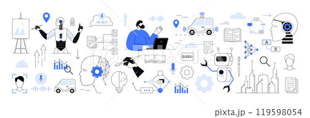 Deep learning, neural networks, natural language processing. AI neural networks, natural language, autonomous cars, chatbots data visualization. Topics of AI, machine learning, robotics, big data, NLP 119598054