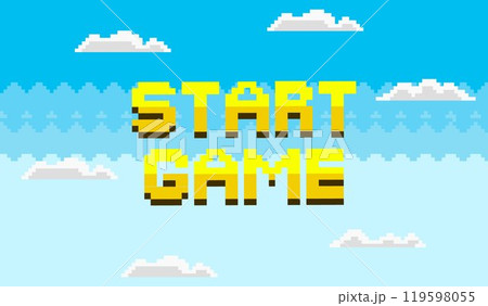 Large yellow 8-bit text Start Game with black shadows appears against a bright blue pixelated sky with scattered white clouds. Ideal for retro gaming, pixel art, arcade games, indie game design, game 119598055