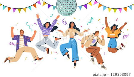 Group of happy people dancing under a disco ball with colorful bunting and confetti. Ideal for celebration, party, youth culture, fun gatherings, joyous occasions. Modern vector art style Group of happy people dancing under a disco ball with colorful bunting and confetti. Ideal for celebration, party, youth culture, fun gatherings, joyous occasions. Modern vector art style 119598097