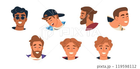 Seven male faces with different hairstyles and expressions. Ideal for character design, graphic design, animation, social media avatars, and educational materials. Cartoon style with vibrant colours 119598112