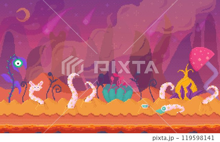 A vibrant and surreal alien landscape filled with unusual plants, creatures with tentacles, and floating elements in a mix of purple, pink, and orange hues. Ideal for fantasy themes, sci-fi settings A vibrant and surreal alien landscape filled with unusual plants, creatures with tentacles, and floating elements in a mix of purple, pink, and orange hues. Ideal for fantasy themes, sci-fi settings 119598141