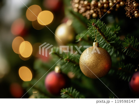 Golden and red Christmas ornaments hanging on decorated Christmas tree Golden and red Christmas ornaments hanging on decorated Christmas tree 119598147