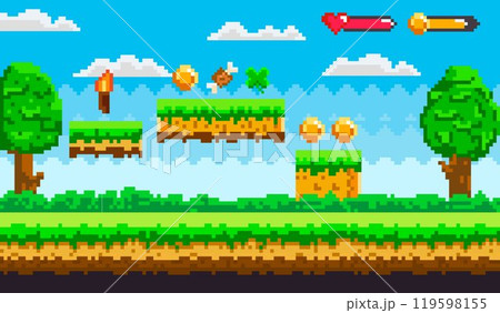 Pixel art landscape contains floating platforms with coins, items like a torch, and health indicators. Ideal for retro gaming, platform design, game asset creation, game development, nostalgic Pixel art landscape contains floating platforms with coins, items like a torch, and health indicators. Ideal for retro gaming, platform design, game asset creation, game development, nostalgic 119598155