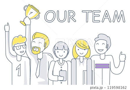 Illustration of a happy team of five people holding a trophy with the text Our Team above in gray, yellow, and purple colors. For teamwork, collaboration, success, achievement, and company culture. Illustration of a happy team of five people holding a trophy with the text Our Team above in gray, yellow, and purple colors. For teamwork, collaboration, success, achievement, and company culture. 119598162