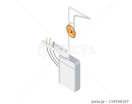 Detailed dental chair with overhead light, instrument panel, and wires. Ideal for medical services, dental care, health industry, dental technology, and clinic equipment. Clean, modern, minimal style 119598167