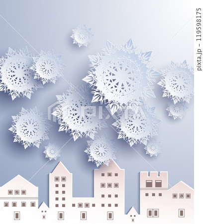 Snowflakes of various sizes float above a quaint village with houses and buildings in soft, muted tones. Ideal for winter themes, holiday greetings, seasonal decorations, festive cards, and winter Snowflakes of various sizes float above a quaint village with houses and buildings in soft, muted tones. Ideal for winter themes, holiday greetings, seasonal decorations, festive cards, and winter 119598175